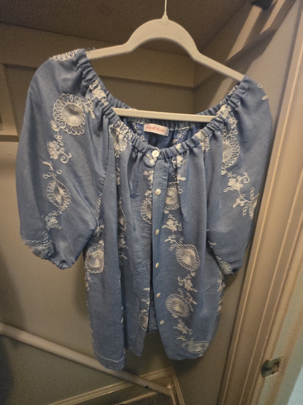 Embroidered Light Blue Button-Front Peasant Tunic
